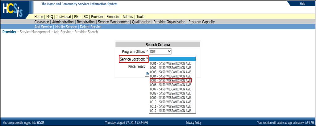 In the Program Office field, click the dropdown box and select the appropriate Program Office This is a mandatory field In the Service Location field, click the dropdown box and select the