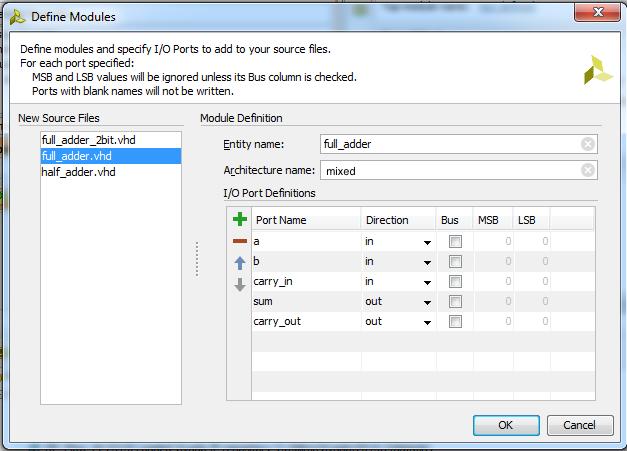 Step 1-3: When the Define Modules window comes up, click on the half_adder.vhd file from the left window first.