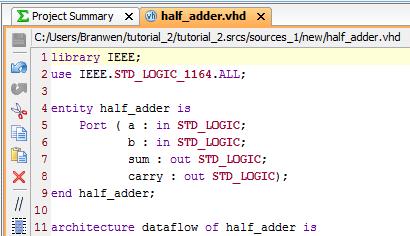 Step 1-7: Double click on the half_adder.vhd file to open it for editing. Step 1-8: In the Architecture block of the half_adder.
