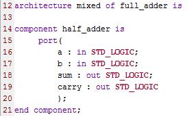 Step 1-10: In the Architecture block of the full_adder.vhd file, before the begin statement, add a component declaration of your half_adder as shown below.