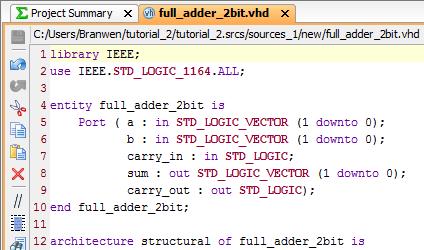 Step 1-14: Finally, open the full_adder_2bit.vhd file for editing. Step 1-15: As you did in the full_adder.vhd file, add a component in the Architecture block of the full_adder_2bit.vhd. This time you will be adding a full_adder component.