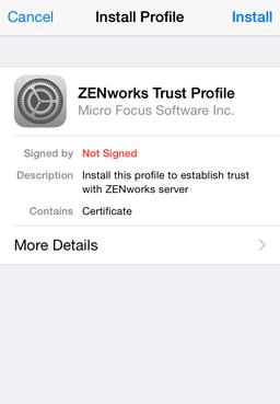 7 Tap Download Profile to display the following profile install screen, then tap Install and follow the