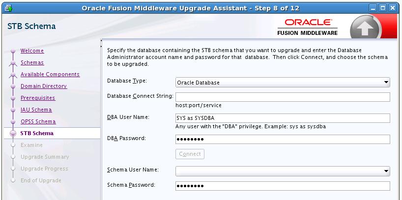 Using the Upgrade Assistant to Upgrade Your 12c Schemas Upgrade Assistant Screen Select Schemas Description and Action Required Use this screen to enter database connection details for each of the