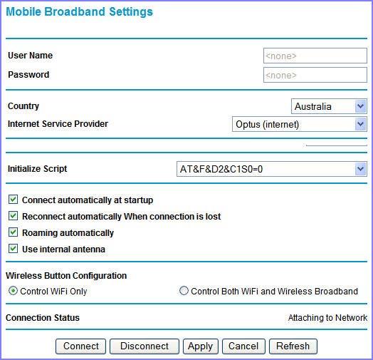 Mobile Broadband Settings To manually configure your mobile broadband Internet settings: 1. Log in to the router as described in Logging In to Your Router on page 11. 2.