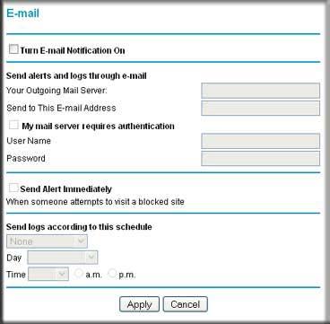 Enabling Security Event Email Notification To set up the router so that you can receive logs and alerts by email, select Email from the router menu to display the following screen: To receive alerts