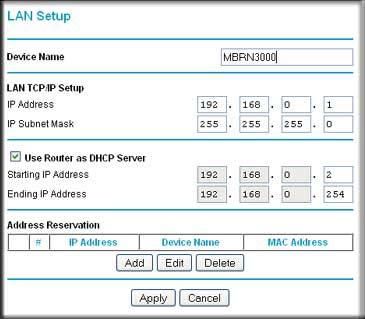 LAN Setup The LAN Setup screen allows configuration of LAN IP services such as DHCP and RIP. These features can be found under Advanced in the router main menu.