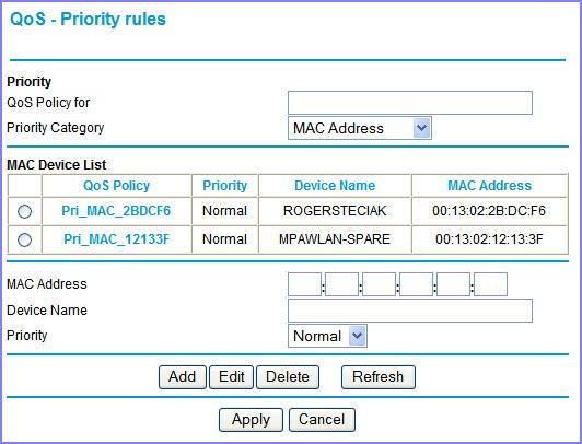 For MAC Addresses To set up the priority for specified computer via its MAC address: 1. Select MAC Address from the Priority Category list. 2.