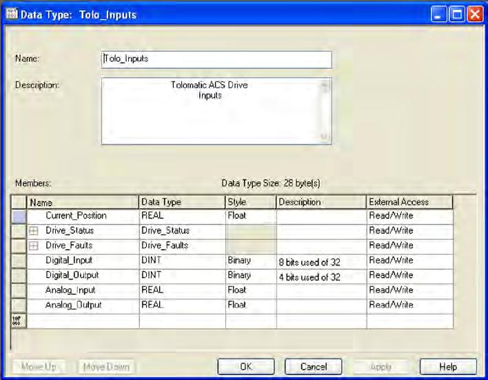 Figure 17: Drive Status Data Type The previously created data types Drive_Faults and Drive_Status will now be used within our next data type. Create a data type called Tolo_Inputs.