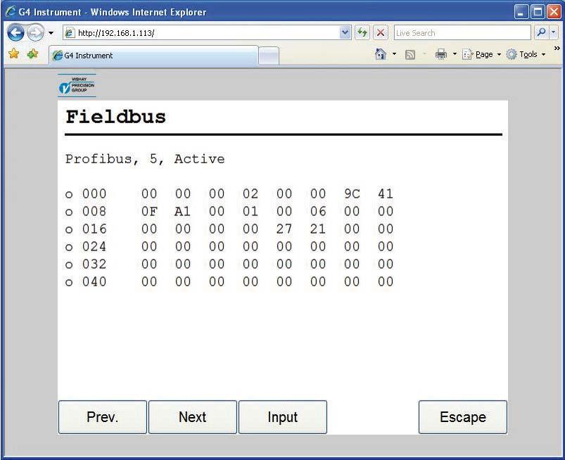 G4 Multi Channel Force Instrument Fieldbus Shows the fieldbus type, address and status of the optional Fieldbus interface.