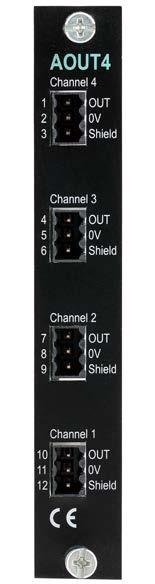 The AOUT1 has 1 output channel, isolated by operational insulation. The analog output signal will be connected to terminals 10, 11 (channel 1) 7, 8 (channel 2) 4, 5 (channel 3) 1, 2 (channel 4).