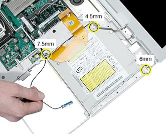 3. Remove the following from the optical drive: 6-mm long screw at upper right corner of drive 7.