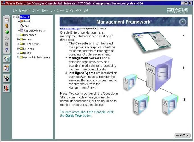Figure 1 - Oracle Enterprise Manager Quick Tour If you are unfamilar with the features of the Oracle Enterprise Manager, the Oracle Management Server, and/or the Oracle Intelligent Agent, it is