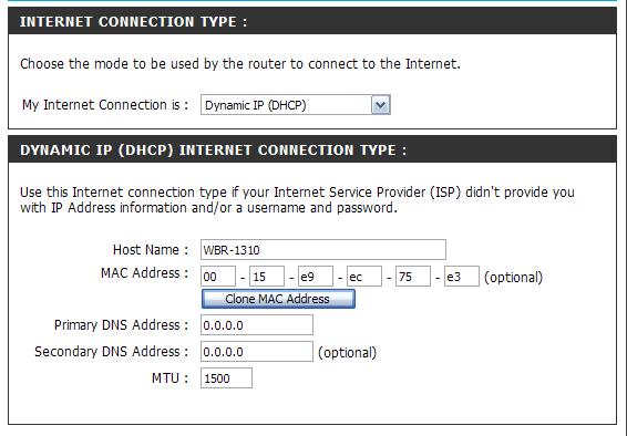 Dynamic IP Address: Choose Dynamic IP Address to obtain IP Address information automatically from your ISP. Select this option if your ISP does not give you an IP address to use.