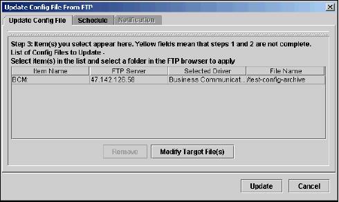 Updating configuration files from FTP Server Using the file management folder 135 To update a configuration file archive from an FTP server 1 In the navigation pane, select the File Management folder