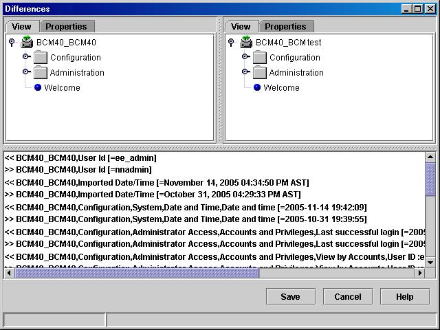 Managing and monitoring with NCM 187 Differences appear in pairs of entries, with database information on the left and the actual device configuration data on the right.