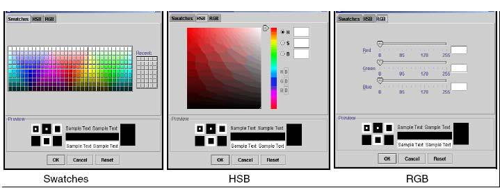 Client environment 61 Figure 23 Setting color with swatches, HSB, or RGB methods f Close the Color dialog box using one of the following methods: Click OK to set the change, close the dialog box, and