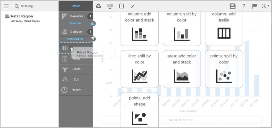 2. You can divide the columns into colored sections that represent another visual dimension. Search or browse for an attribute and drag it to the Chart Builder.
