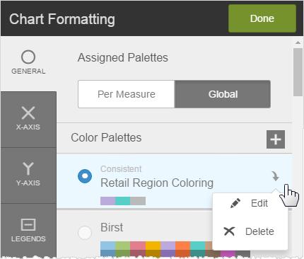 9. Apply the same Global palette to other charts that use the same attribute in a Color bucket. 10. To edit or delete an attribute's palette click the down arrow.