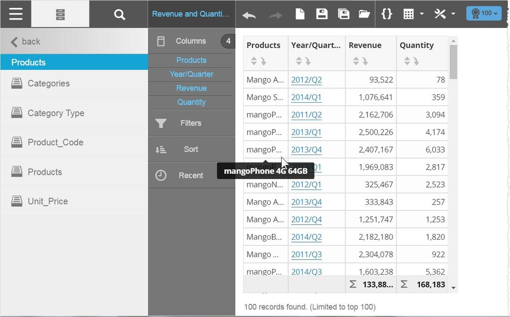 5. Click Save to name and save the new table. 6. Continue formatting the table. See Formatting Visualizer Tabular Reports. Tips: Underneath the table, Visualizer displays the number of rows returned.
