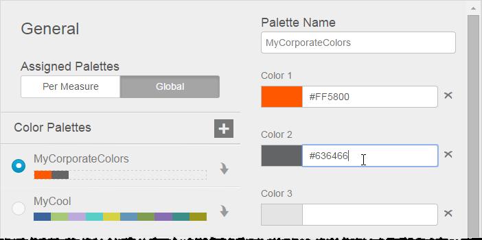 5. Name your new palette. 6. Use the Color Picker or enter the hex values for the colors. When you finish one color another field appears. As you enter the colors, the chart previews them.