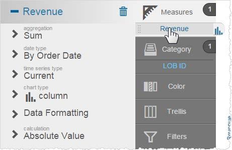See Formatting Visualizer Charts. To format the measure values in a chart 1. Click a measure in Chart Builder.