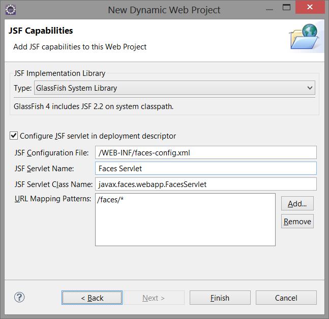 Creating a New Project (4 of 4) In the JSF Capabilities page, select the following options to generate a faces-config.