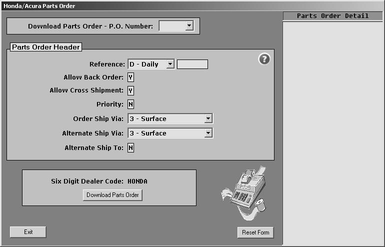 3. Click Parts Orders. The Honda/Acura Parts Order screen appears. 4. Use the P.O. Number list to select the purchase order. The list displays all of the parts purchase orders in the system. 5.