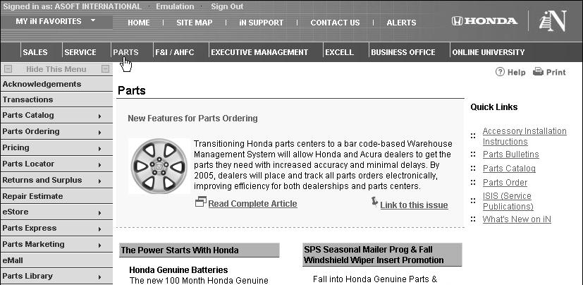 Uploading the Parts Order to the Honda Web Site 1.