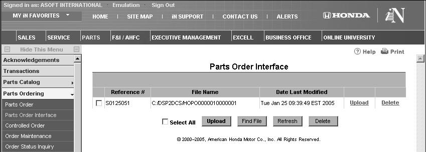 Autosoft FLEX DMS Parts Inventory 4. Click Parts Order Interface under the Parts Ordering menu. 5. Review the file list on the Parts Order Interface page.
