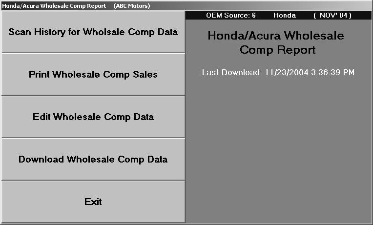 Autosoft FLEX DMS Parts Inventory Downloading Wholesale Compensation in AutoSoft DMS 1. Click Parts Express/Wholesale. The Honda/Acura Wholesale Comp Report menu appears. 2.