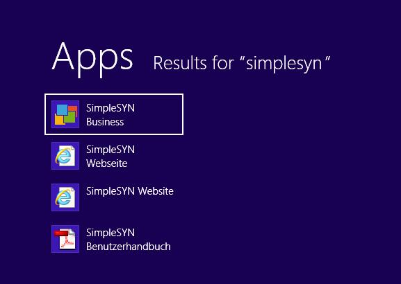 Start SimpleSYN To start SimpleSYN do either of the following: Windows 8 On the Windows start screen type SimpleSYN and start the found SimpleSYN App by hitting the Enter key or by clicking on the