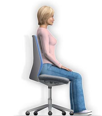 Adjust your chair Your thighs should be supported by the seat to within a few centimetres of your knees and your feet should be placed comfortably on the floor.