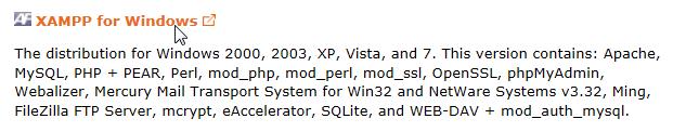 Berikut adalah pakej yang terkandung di dalam perisian XAMPP Windows 1.8.0 : 1. Apache 2.4.2, 2. MySQL 5.5.25a, 3. PHP 5.4.4, 4. OpenSSL 1.0.1c, 5. phpmyadmin 3.5.2, 6. XAMPP Control Panel 3.0.12, 7.