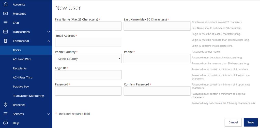 Online User Management Creating Online Users 1. Select the Users option under the Commercial menu. 2.
