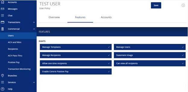 Online User Management 7. Select the appropriate non-transactional features. 8. Designate the user s account rights.