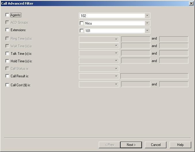 Account Code Settings 47 2. Click the Filter button. A filter dialog will be displayed, Call Advanced Filter window 3. Enable the filtering keys according to your needs.