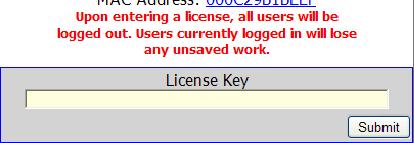 The MAC address is displayed at the top of the License Manager page. Your Support Representative will send an e-mail that contains the requested license key.