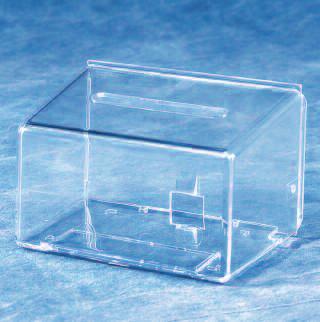 Mini Coin / Ballot Box 34. MBS-C1 Mini Coin Box Clear Lexan. Create interest in give-aways and charities. Overall size: 5 W x 3 H x 3-1/4 D. Packed: 7 per carton 1 6 26 51 101 251 7.91/ea. 7.60/ea.