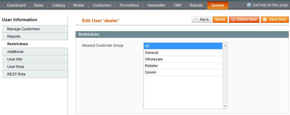 6. Assign the users to a particular customer group At the Restrictions tab you can assign the user to a particular customer group.