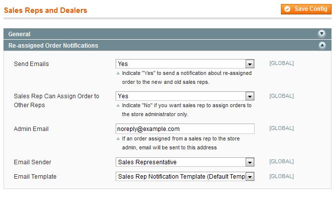 14. Reassignment notifications At the extension configuration page (System - > Configuration -> Sales Reps and Dealers) you can setup email notifications for reassignment of dealers.
