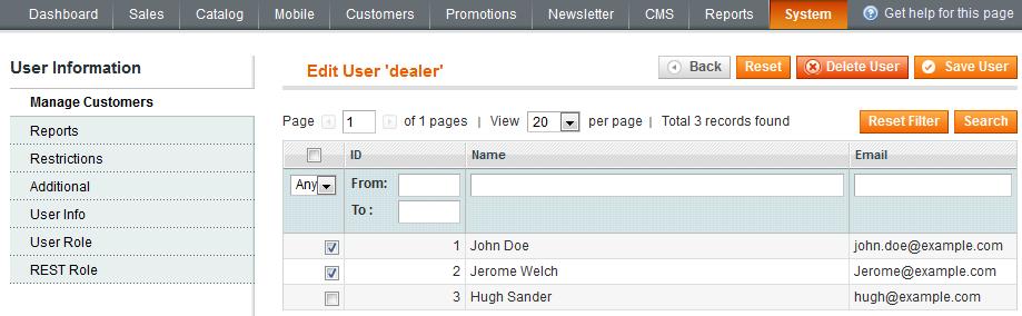 4. Assign customers to the users Then please go to edit the user and you will see new tabs. At the Manage Customers tab you can assign customers to the user.