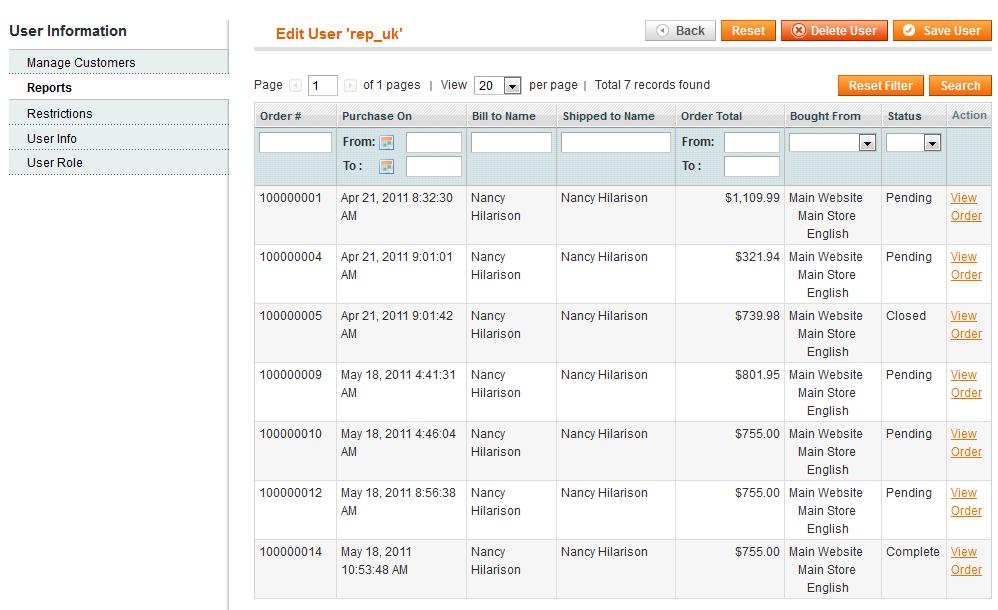 5. Orders placed by customers assigned to the users At the Reports tab you can see the