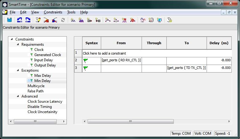 Tool Flows Figure 11 Setting Minimum Delay Constraint with SmartTime Constraint Editor set_max_delay 0.000 -from [get_ports { RD RX_CTL }] set_max_delay 0.