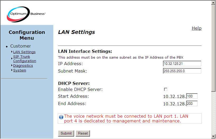 The LAN Settings screen will appear as shown below. Enter the following: IP Address: Enter the IP address assigned to LAN port 1 which will be used for SIP and RTP traffic.