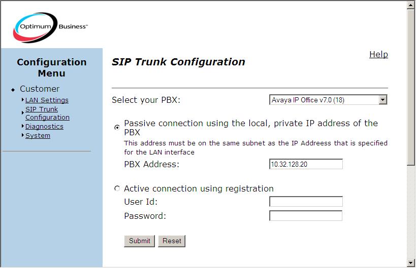 Select the SIP Trunk Settings link from the navigation menu in the left pane. In the right pane, select Avaya IP Office (latest version) from the pull-down menu for the Select your PBX field.