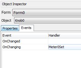Define the event onchanging for the Knob0 as Meter0Set: Knob Options You can load the example Example: