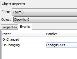 Add a LED digits object as output object Define the event onchanging for the DipSwitch0 as