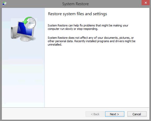 b. The System Restore window opens, click Next. c. A list of restore points is displayed in the System Restore window.