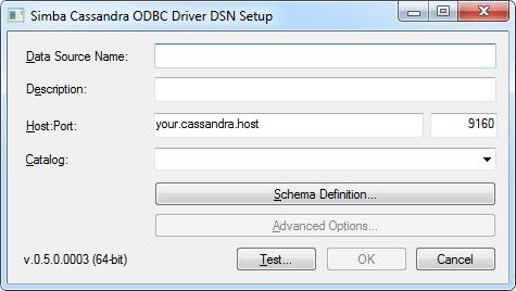 8. Select Simba Cassandra ODBC Driver and then click Finish. The Simba Cassandra ODBC Connector Setup window opens. 9. In the Data Source Name text box, type a name for your DSN. 10.
