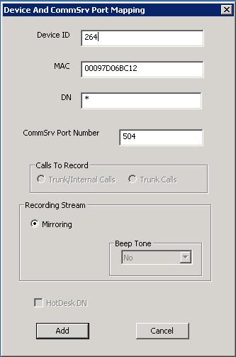The Device And CommSrv Port Mapping screen is displayed. Enter the following values for the specified fields, and retain the default values for the remaining fields.